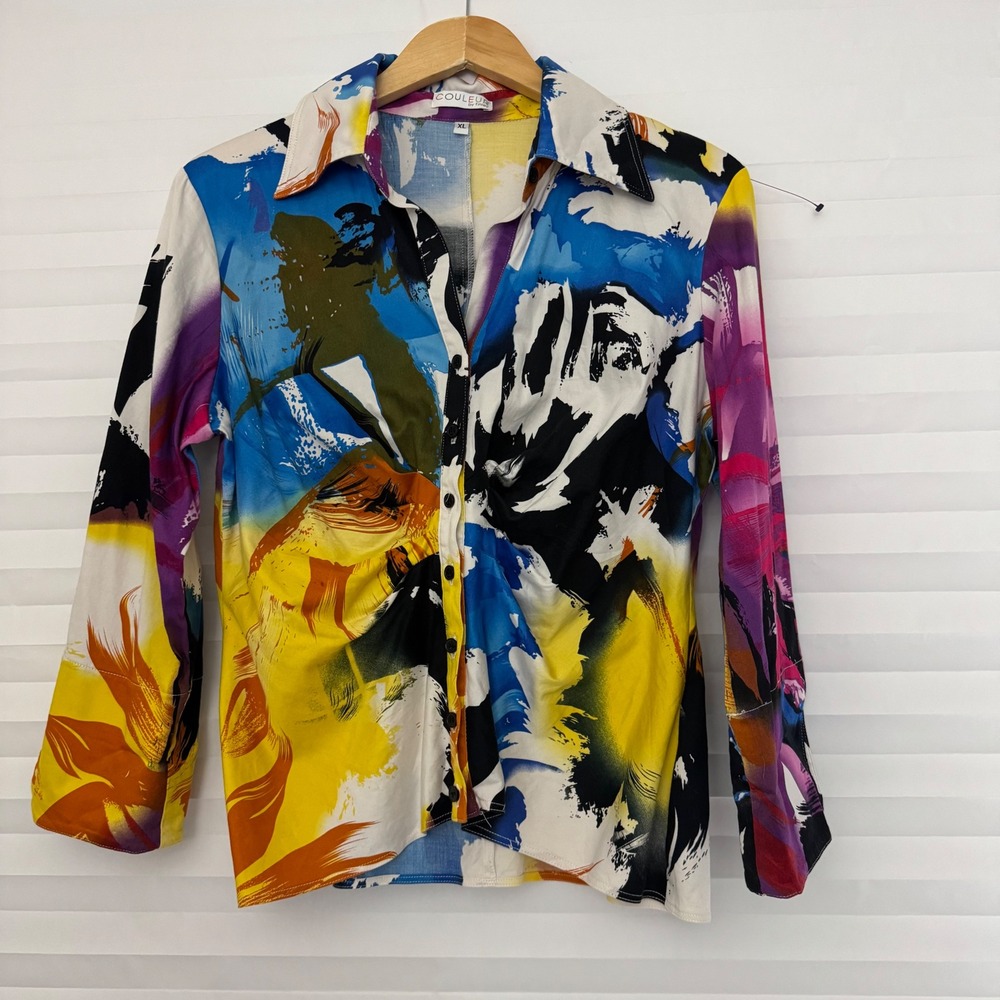 Couleur by Finley Isis Painterly Print Button Down Shirt XL 3/4 Sleeve Artsy